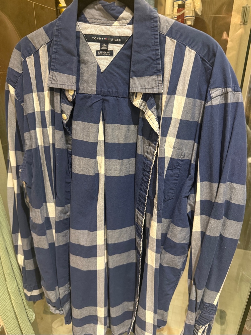 100% cotton Tommy Hilfiger Blue and White Large-Check Lightweight Shirt Jacket